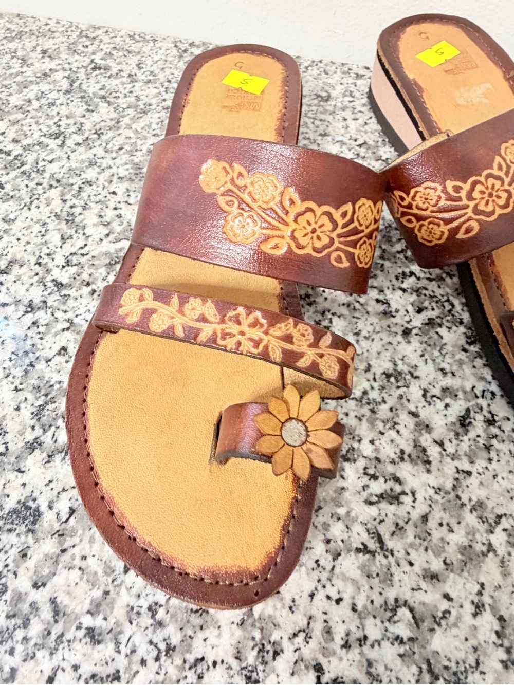 Women’s Brown Floral Leather Slide Sandals mexico sz 5 US sz 8 - Picture 9 of 9